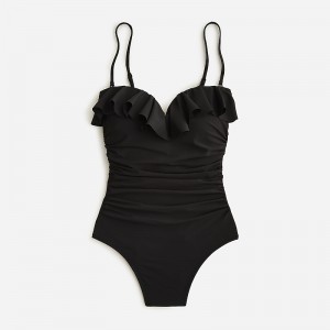 Black J.Crew Matte ruched one-piece swimsuit with ruffles | J.Crew Factory | GOJES3069