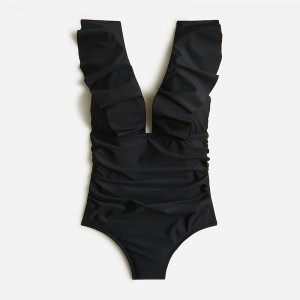 Black J.Crew Ruched ruffle one-piece swimsuit | J.Crew Factory | KHFCS5938