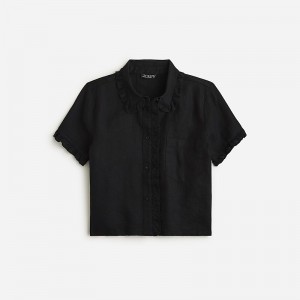 Black J.Crew Ruffle-trim button-up shirt in linen | J.Crew Factory | YKMPG9350