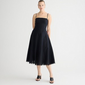 Black J.Crew Seamed flare midi dress in linen blend | J.Crew Factory | LNAKB9503