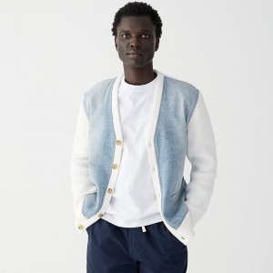 Blue J.Crew Cotton shaker-stitch cardigan sweater with denim panels | J.Crew Factory | VPBOD6315