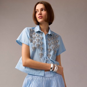 Blue Pinstripe J.Crew Collection cropped button-up shirt with embellishments in pinstripe print | J.Crew Factory | FRAQZ1806