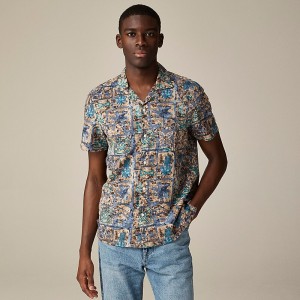 Cindy Batik Brown Blue J.Crew Short-sleeve slub cotton-linen blend camp-collar shirt in print | J.Crew Factory | DRWBZ3051