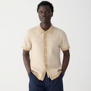 Hthr Camel Glen Plaid J.Crew Short-sleeve heritage cotton sweater-polo in windowpane jacquard | J.Crew Factory | GYOQA0861