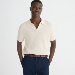 Hthr Natural J.Crew Short-sleeve cotton mesh-stitch johnny-collar sweater-polo | J.Crew Factory | VUMIA0983