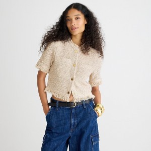 Mauve Ivory J.Crew Cropped fringe-trim lady jacket in marled yarn | J.Crew Factory | CHNFA5219