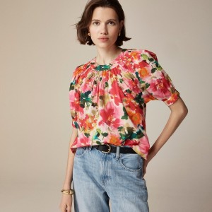 Pink Multi Floral J.Crew Smock-neck puff-sleeve top in floral cotton poplin | J.Crew Factory | QRUBL4852