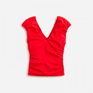 Red J.Crew Ruched V-neck top in stretch cotton blend | J.Crew Factory | SRUTV2951