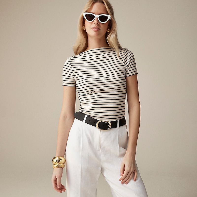 Alexa Stripe Natural Bl J.Crew Fine-rib fitted boatneck T-shirt | J.Crew Factory | CQIDF9346