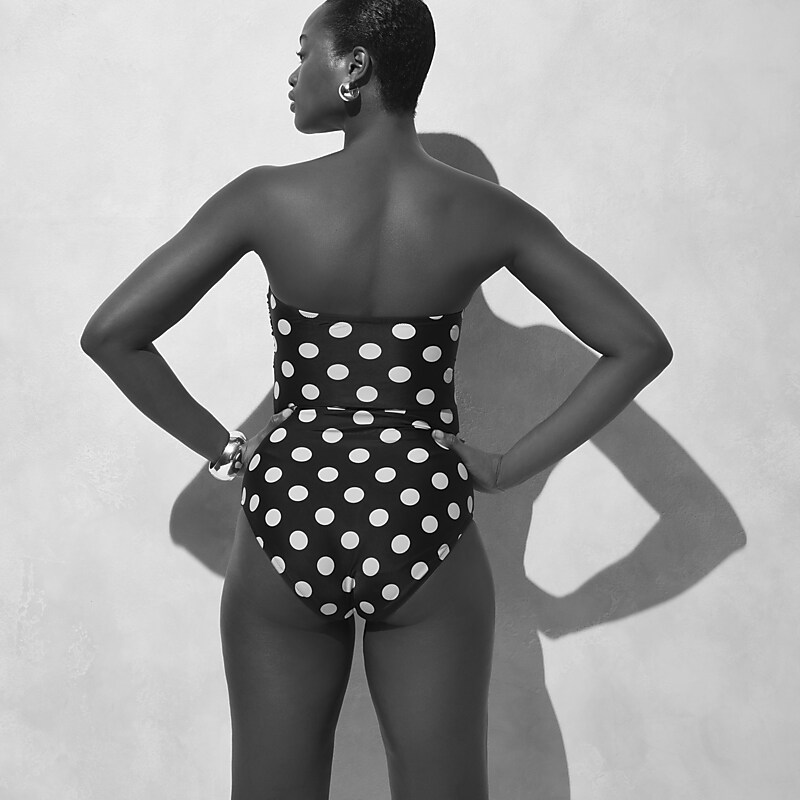 Black Dot J.Crew Ruched bandeau one-piece swimsuit in dot print | J.Crew Factory | GWSKR2601