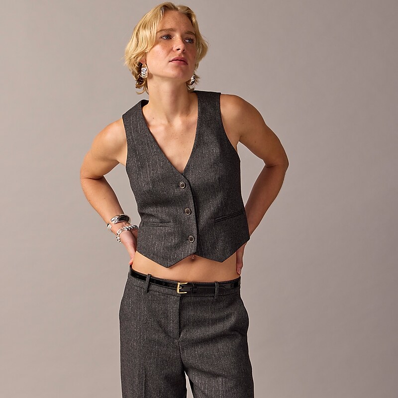 Black Grey Herringbone J.Crew Collection cropped vest in Italian pinstripe wool blend with Lurex® metallic threads | J.Crew Factory | QNRPK8721