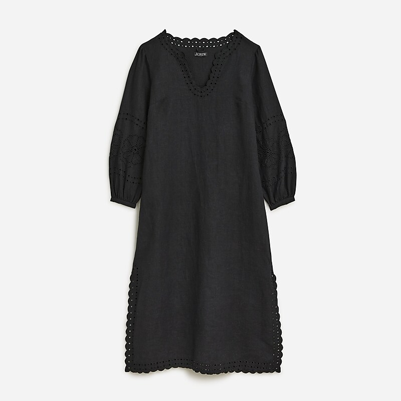 Black J.Crew Bungalow embroidered dress in linen | J.Crew Factory | JMHUX7862