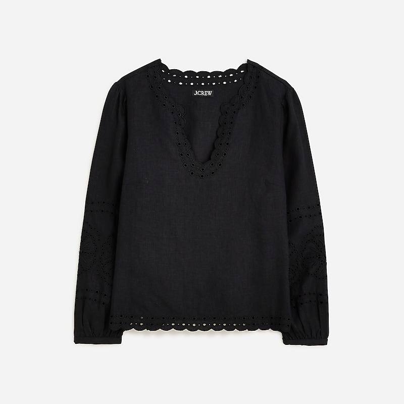 Black J.Crew Bungalow embroidered top in linen | J.Crew Factory | FIPQB1683