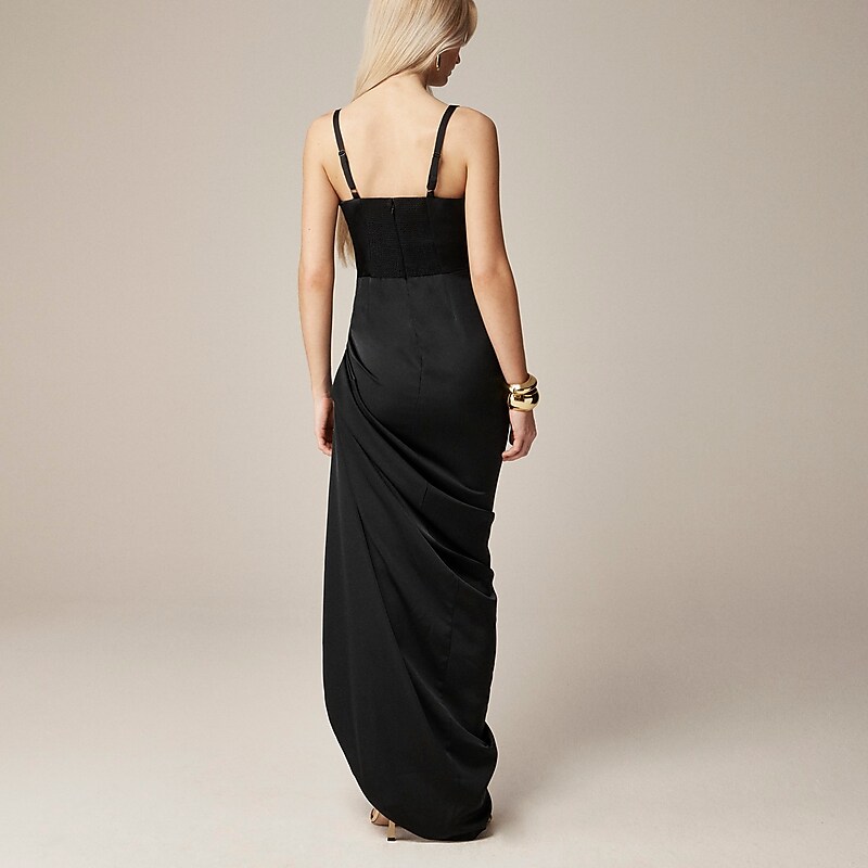 Black J.Crew Collection asymmetrical ruched dress in stretch satin | J.Crew Factory | RWZXF4675