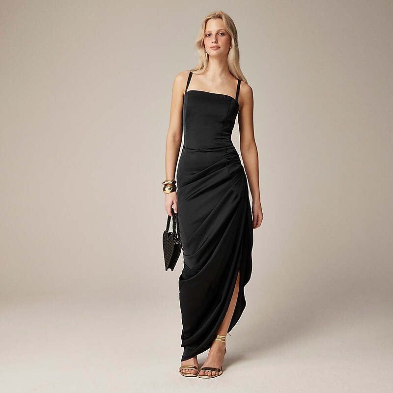 Black J.Crew Collection asymmetrical ruched dress in stretch satin | J.Crew Factory | RWZXF4675