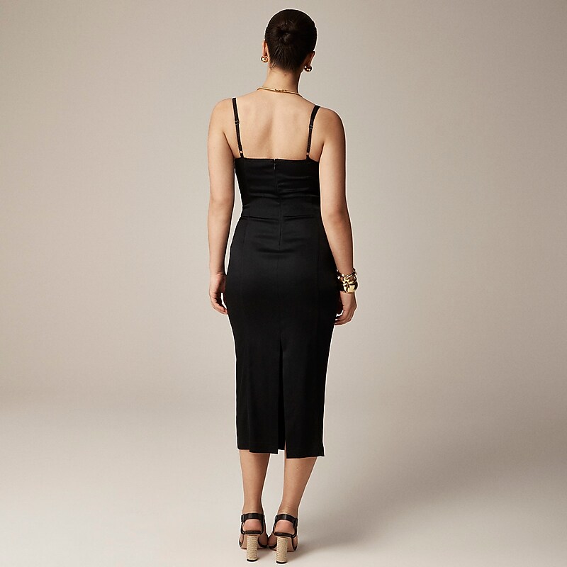 Black J.Crew Collection fitted midi dress in stretch satin | J.Crew Factory | MOXWK9036