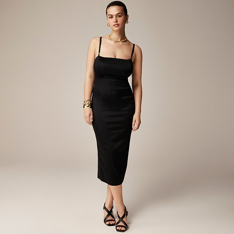 Black J.Crew Collection fitted midi dress in stretch satin | J.Crew Factory | MOXWK9036