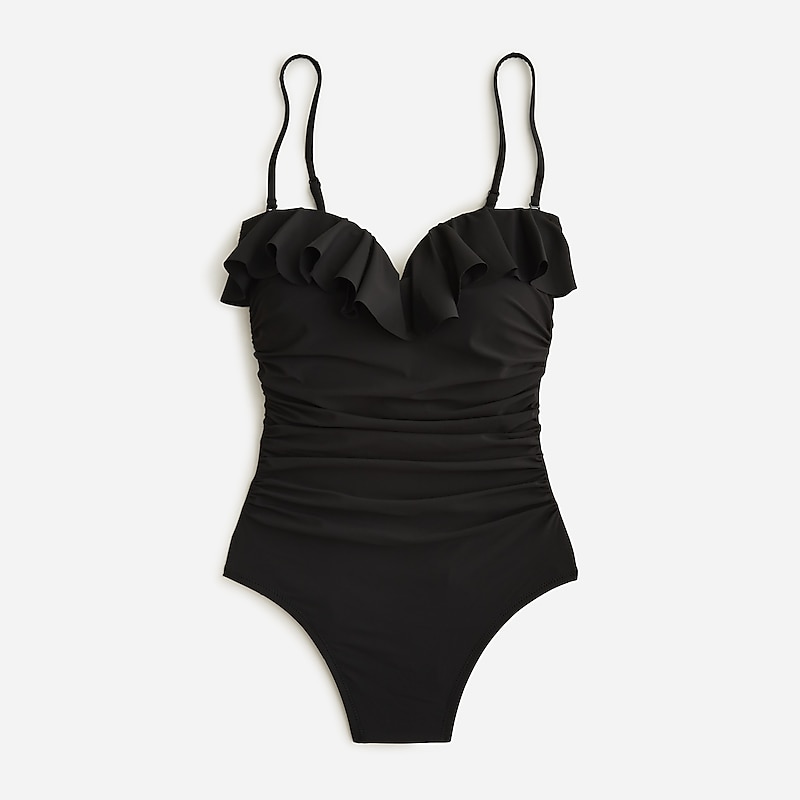 Black J.Crew Matte ruched one-piece swimsuit with ruffles | J.Crew Factory | GOJES3069