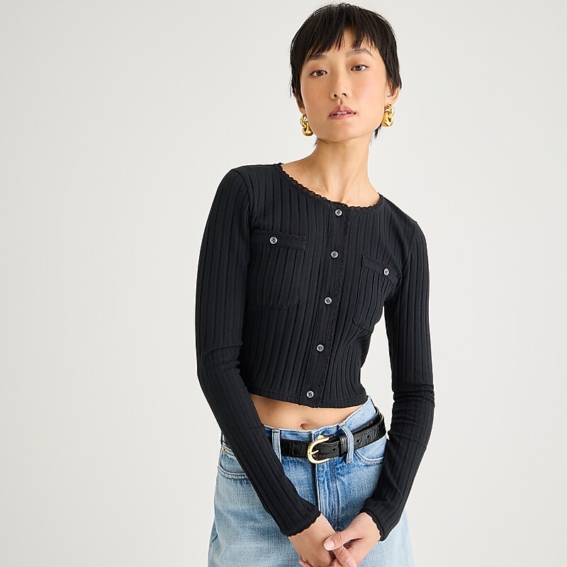 Black J.Crew Pointelle cardigan sweater | J.Crew Factory | ETUOI2108