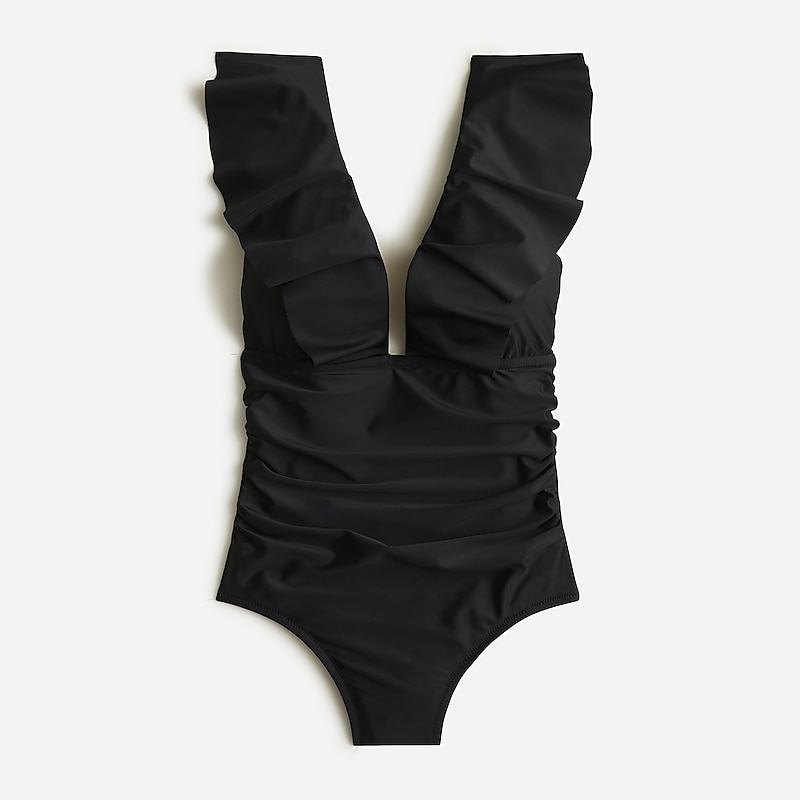 Black J.Crew Ruched ruffle one-piece swimsuit | J.Crew Factory | KHFCS5938