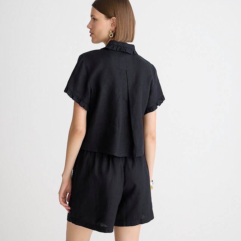 Black J.Crew Ruffle-trim button-up shirt in linen | J.Crew Factory | YKMPG9350