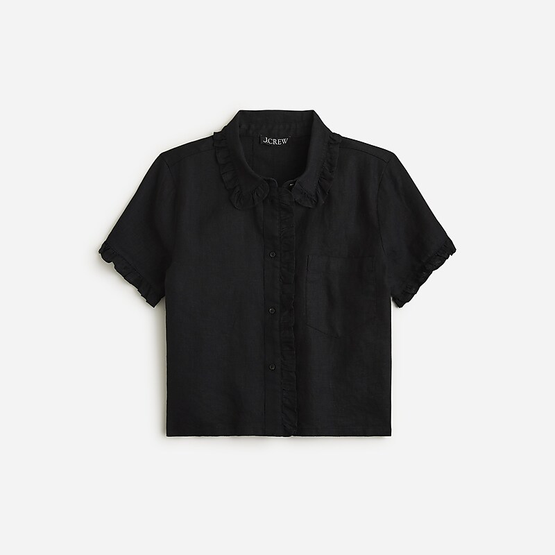 Black J.Crew Ruffle-trim button-up shirt in linen | J.Crew Factory | YKMPG9350