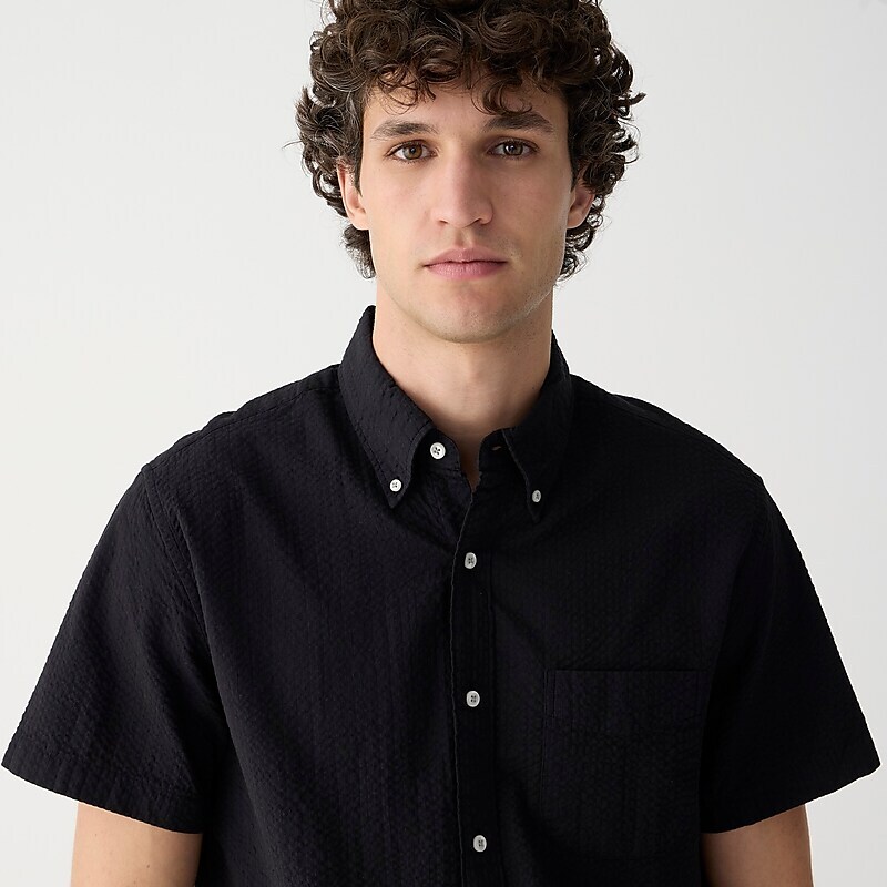 Black J.Crew Short-sleeve seersucker shirt with point collar in print | J.Crew Factory | MILOW4571