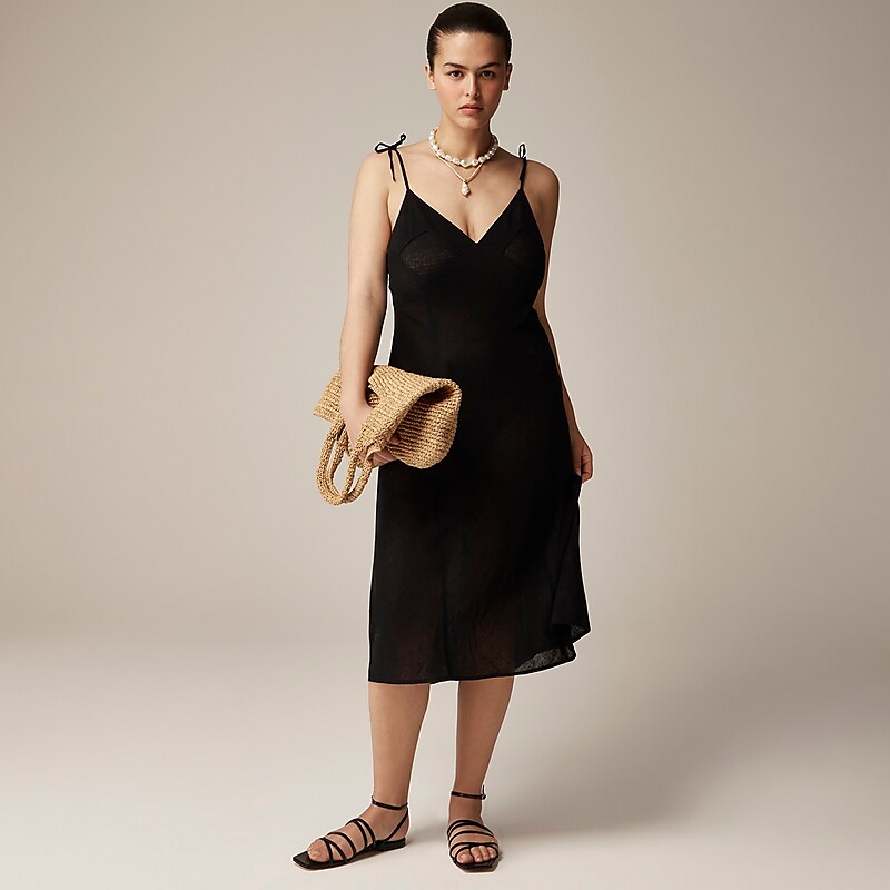 Black J.Crew Tie-shoulder slip dress in featherweight linen blend | J.Crew Factory | ZTMOV3061