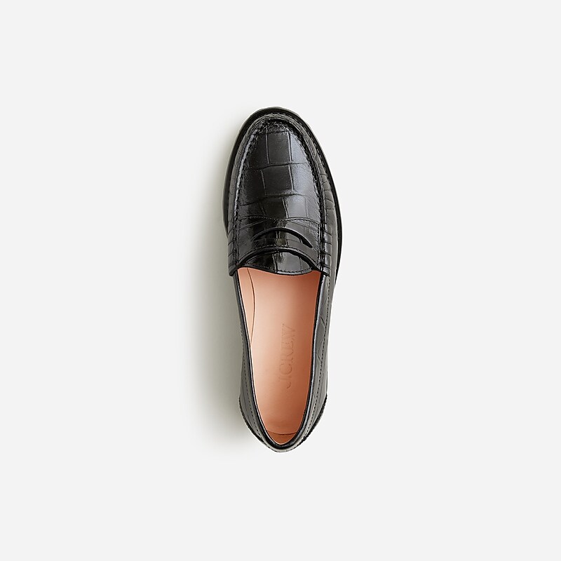 Black J.Crew Winona lug-sole penny loafers in croc-embossed leather | J.Crew Factory | JBUNL3017