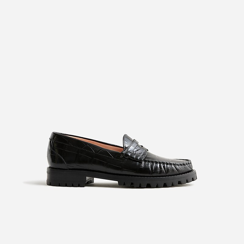 Black J.Crew Winona lug-sole penny loafers in croc-embossed leather | J.Crew Factory | JBUNL3017