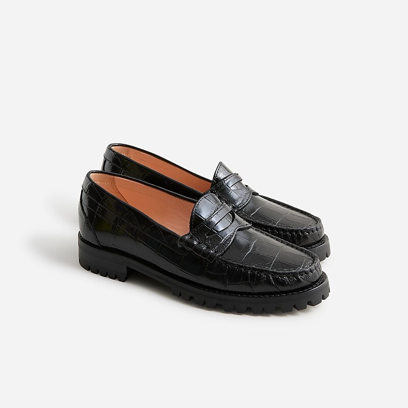 Black J.Crew Winona lug-sole penny loafers in croc-embossed leather | J.Crew Factory | JBUNL3017