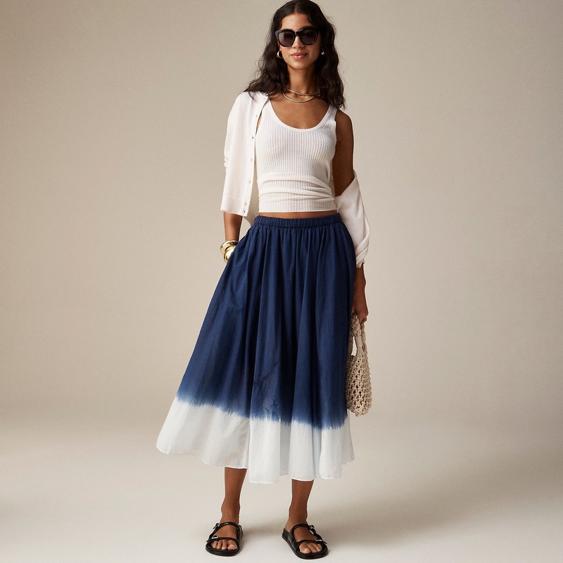 Blue Dip Dye J.Crew Pull-on midi skirt in dip-dyed cotton voile | J.Crew Factory | HFUAQ1520