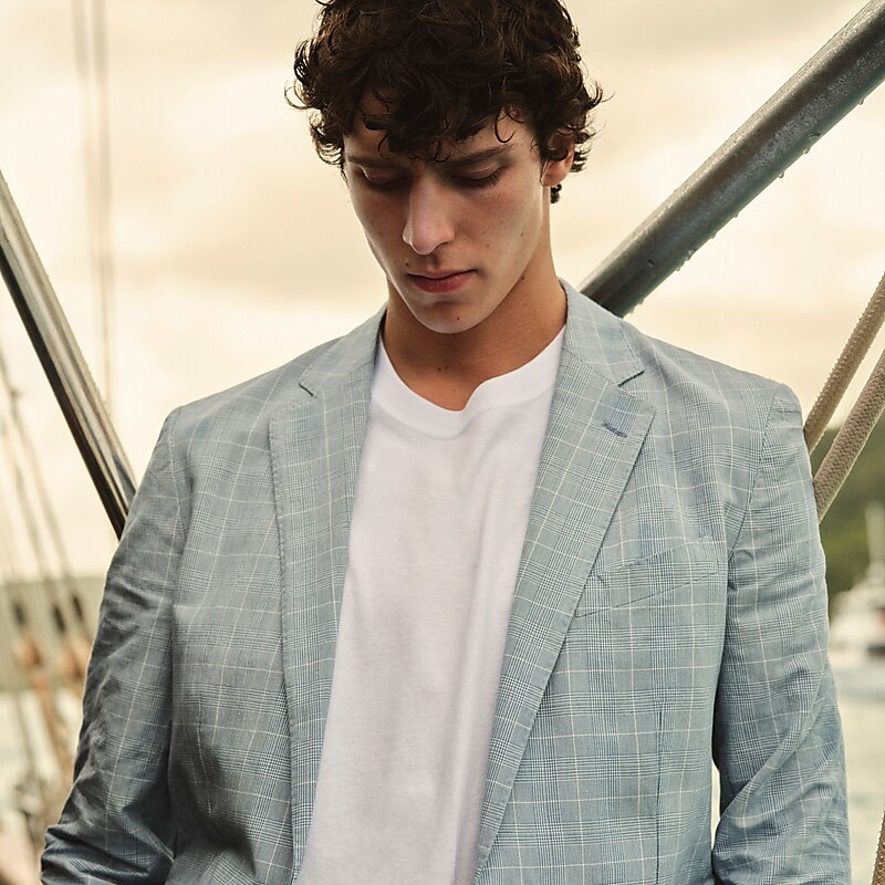 Blue Glen Check J.Crew Ludlow Slim-fit unstructured blazer in Irish cotton-linen blend | J.Crew Factory | VIANZ9501