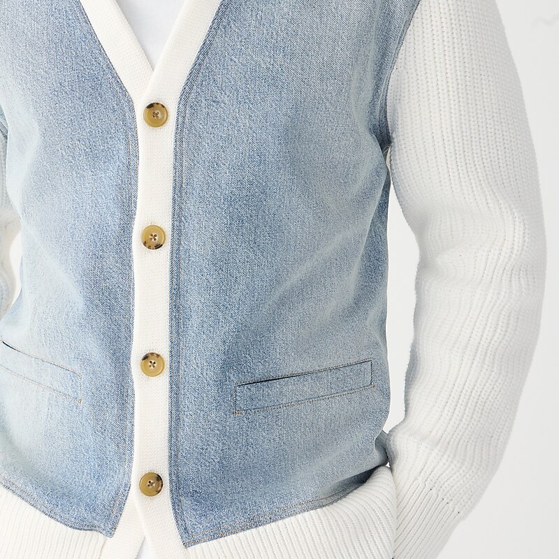 Blue J.Crew Cotton shaker-stitch cardigan sweater with denim panels | J.Crew Factory | VPBOD6315