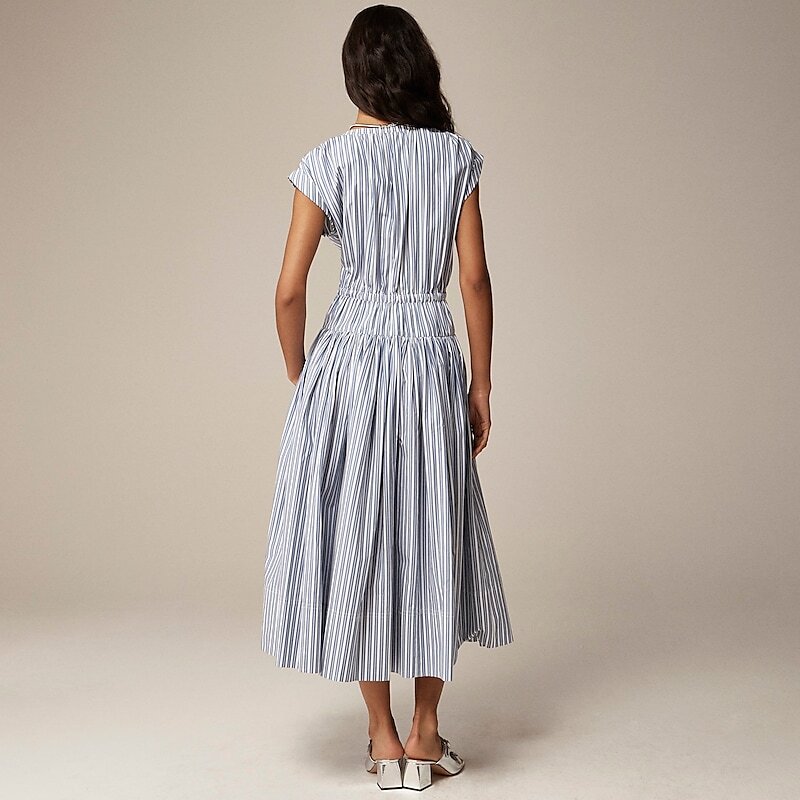 Blue J.Crew Drop-waist midi dress in striped cotton poplin | J.Crew Factory | MUESO8367