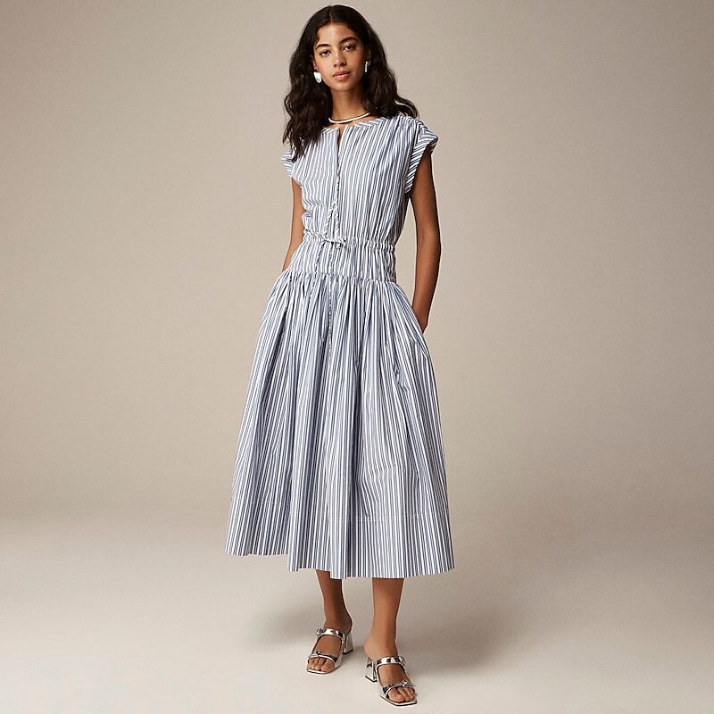 Blue J.Crew Drop-waist midi dress in striped cotton poplin | J.Crew Factory | MUESO8367