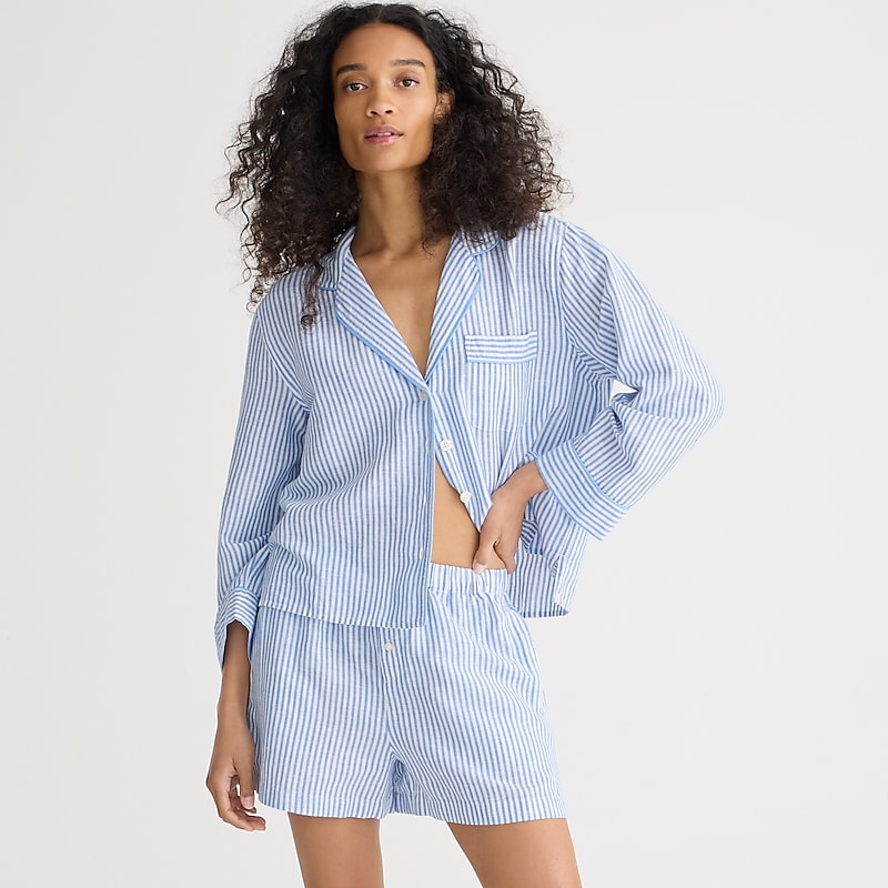 Blue J.Crew Long-sleeve pajama short set in striped linen-cotton blend | J.Crew Factory | ANTKF8329