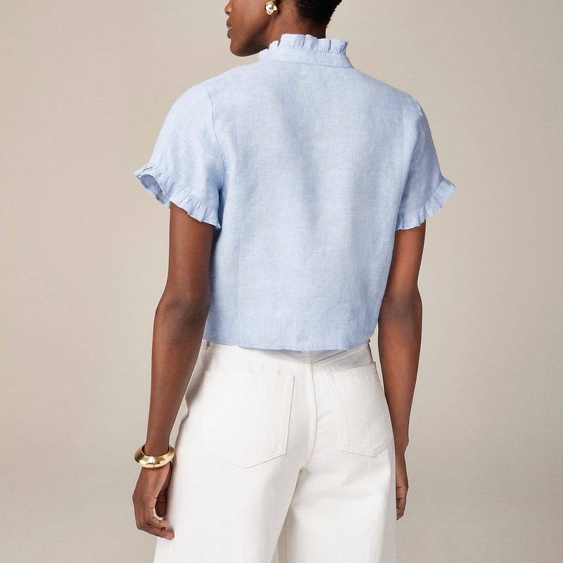 Blue J.Crew Ruffle-trim button-up shirt in linen | J.Crew Factory | PALJQ6021