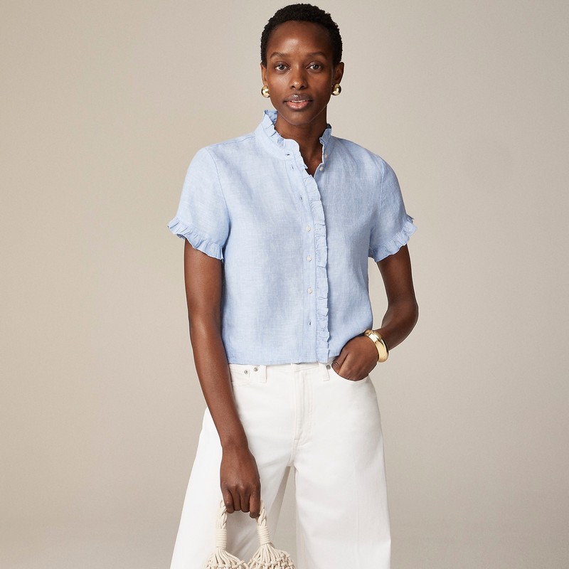 Blue J.Crew Ruffle-trim button-up shirt in linen | J.Crew Factory | PALJQ6021