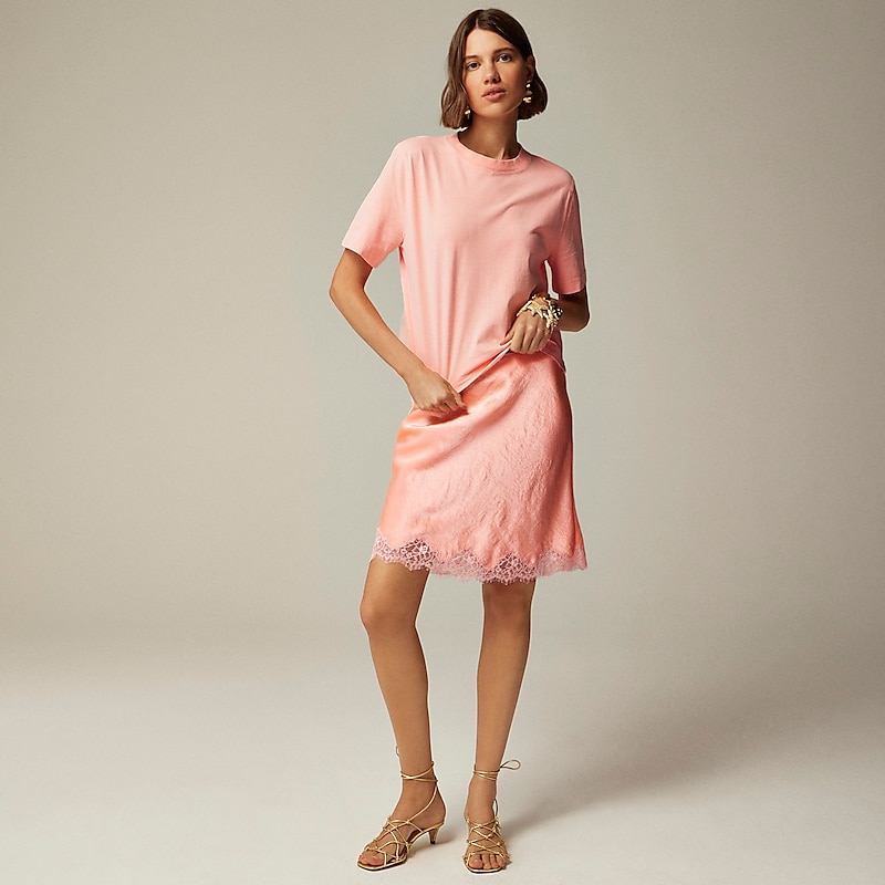 Brilliant Peony J.Crew Gwen lace-trim slip skirt in textured satin | J.Crew Factory | XQYHS7150