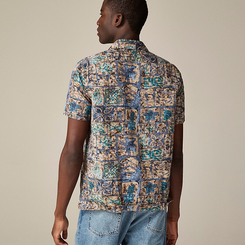 Cindy Batik Brown Blue J.Crew Short-sleeve slub cotton-linen blend camp-collar shirt in print | J.Crew Factory | DRWBZ3051