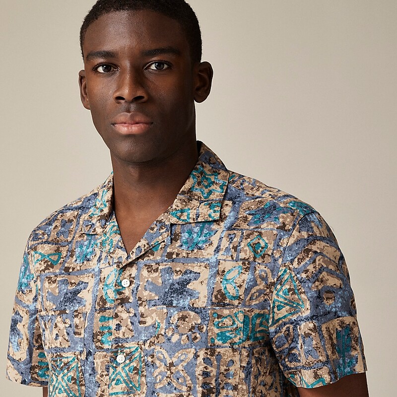 Cindy Batik Brown Blue J.Crew Short-sleeve slub cotton-linen blend camp-collar shirt in print | J.Crew Factory | DRWBZ3051