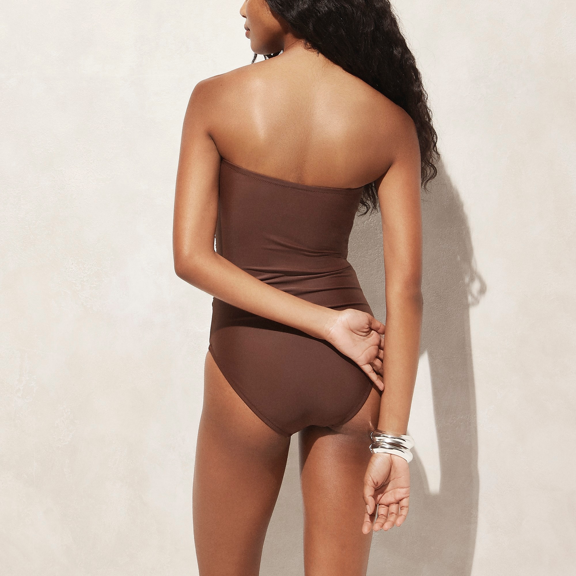 Dark Fudge J.Crew Ruched bandeau one-piece swimsuit | J.Crew Factory | RPCKJ3978