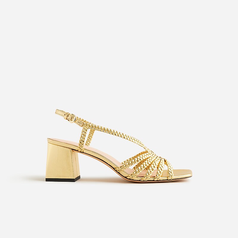 Dark Gold J.Crew Layne braided sandal heels in metallic leather | J.Crew Factory | OXRVJ8732