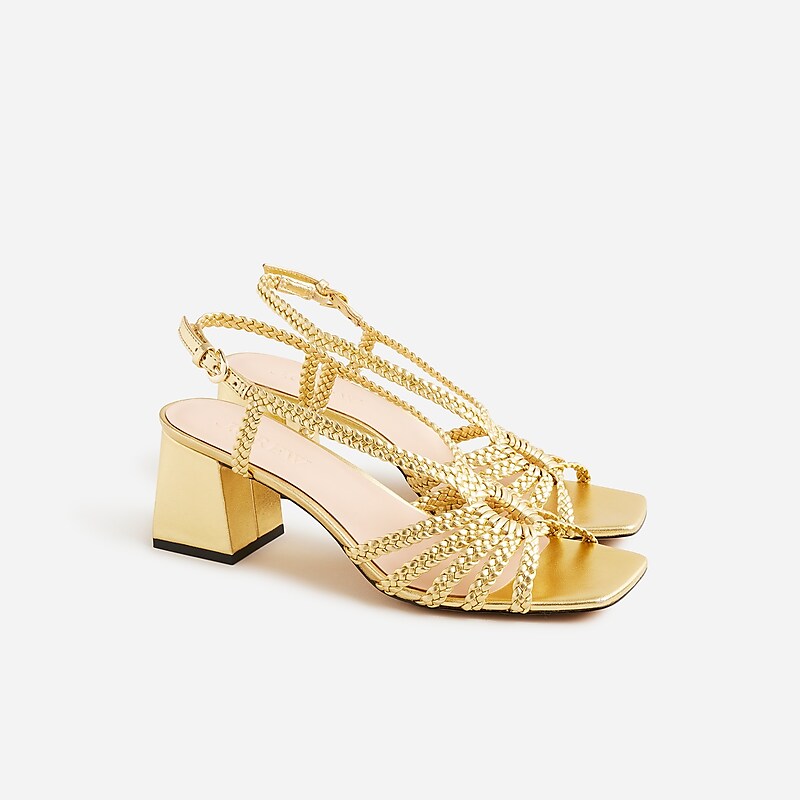 Dark Gold J.Crew Layne braided sandal heels in metallic leather | J.Crew Factory | OXRVJ8732