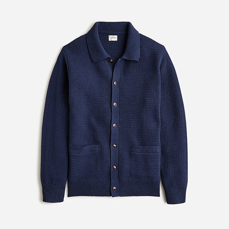 Darkest Indigo J.Crew Cotton tuck-stitch cardigan-polo sweater | J.Crew Factory | KNCOJ9648