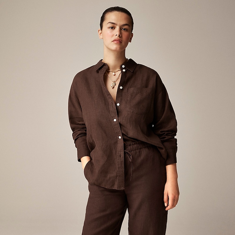 Deep Chocolate J.Crew Etienne oversized shirt in Baird McNutt Irish linen | J.Crew Factory | JGSTP0463