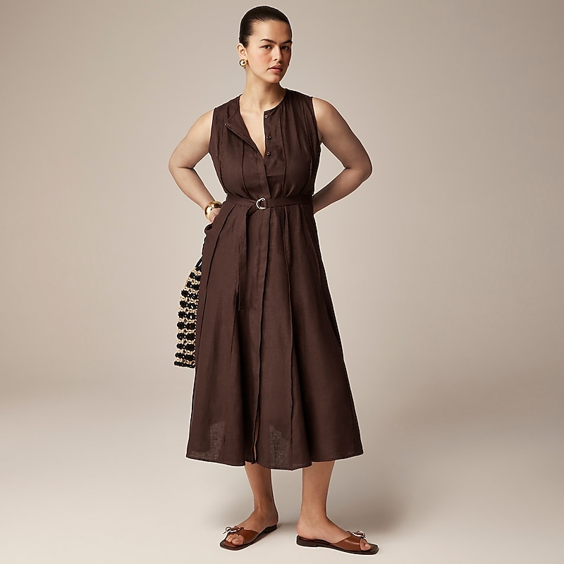 Deep Chocolate J.Crew Seamed tie-waist dress in linen | J.Crew Factory | WVYBH1708