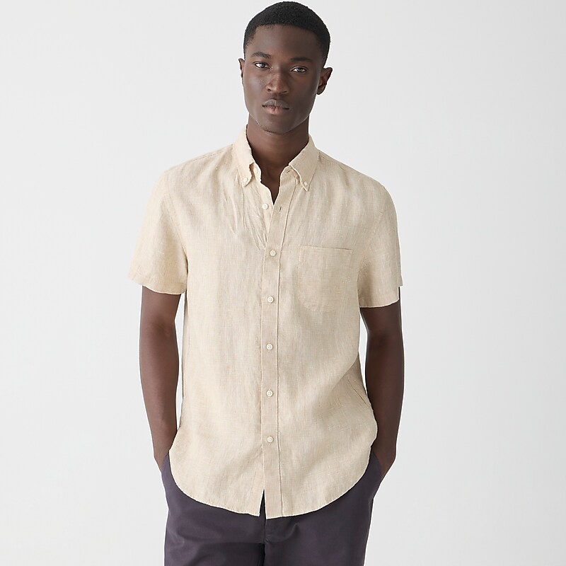 Downing Glen Plaid Tan J.Crew Short-sleeve linen shirt in print | J.Crew Factory | CJBRG0914