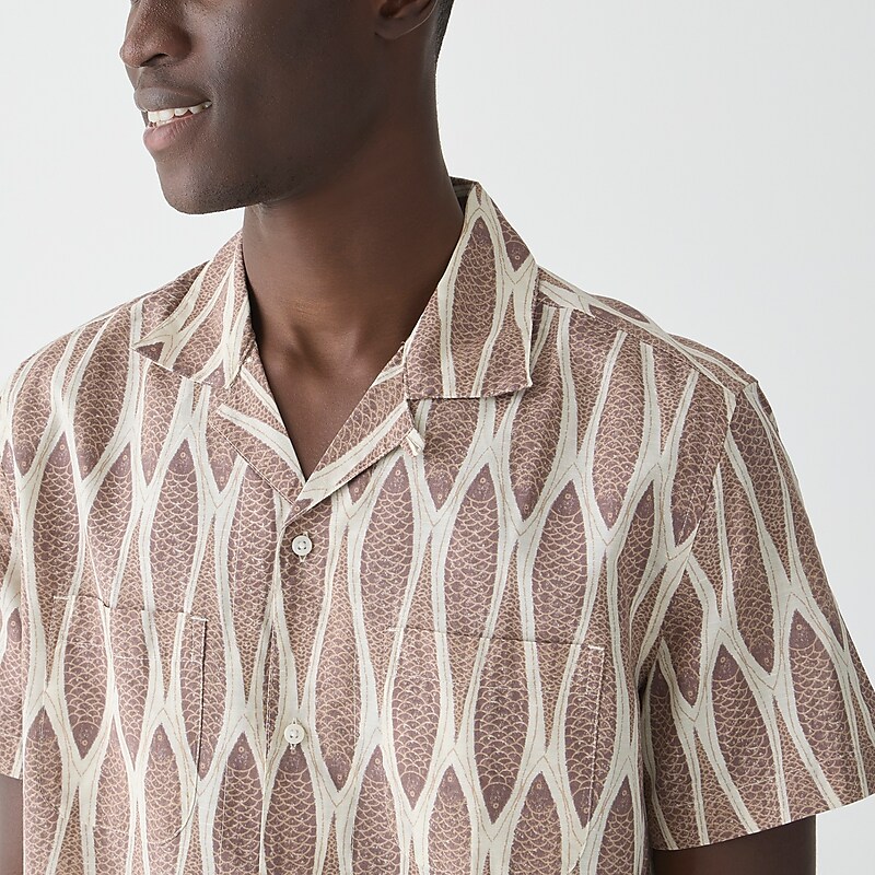 Fish Dark Taupe J.Crew Short-sleeve slub cotton-linen blend camp-collar shirt in print | J.Crew Factory | DISZE6093